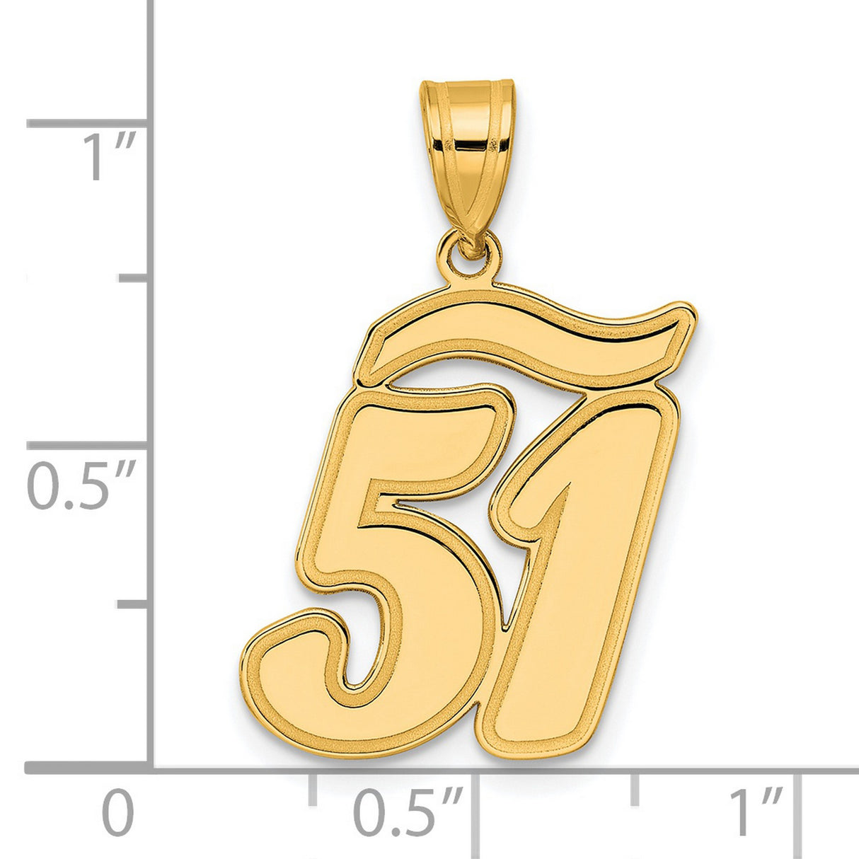 Brushed Border Script Number 51 Charm Pendant in Real 14k Yellow Gold