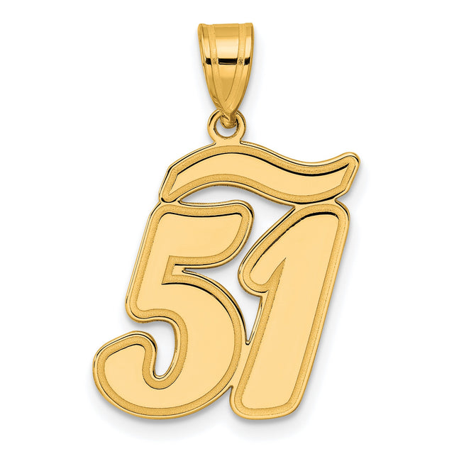 Brushed Border Script Number 51 Charm Pendant in Real 14k Yellow Gold
