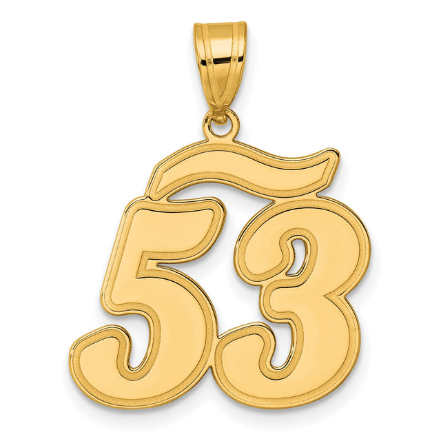 Brushed Border Script Number 53 Charm Pendant in Real 14k Yellow Gold