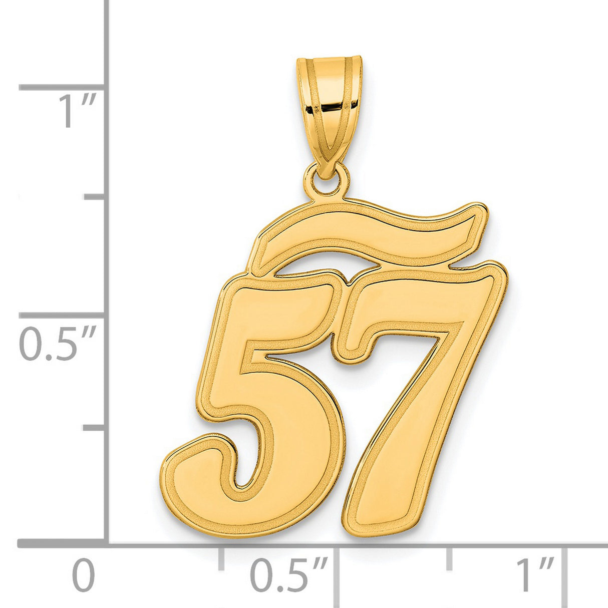 Brushed Border Script Number 57 Charm Pendant in Real 14k Yellow Gold