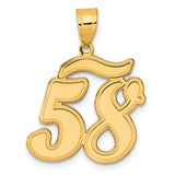 Brushed Border Script Number 58 Charm Pendant in Real 14k Yellow Gold