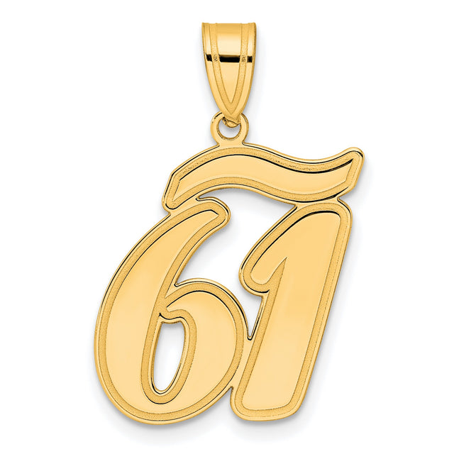 Brushed Border Script Number 61 Charm Pendant in Real 14k Yellow Gold