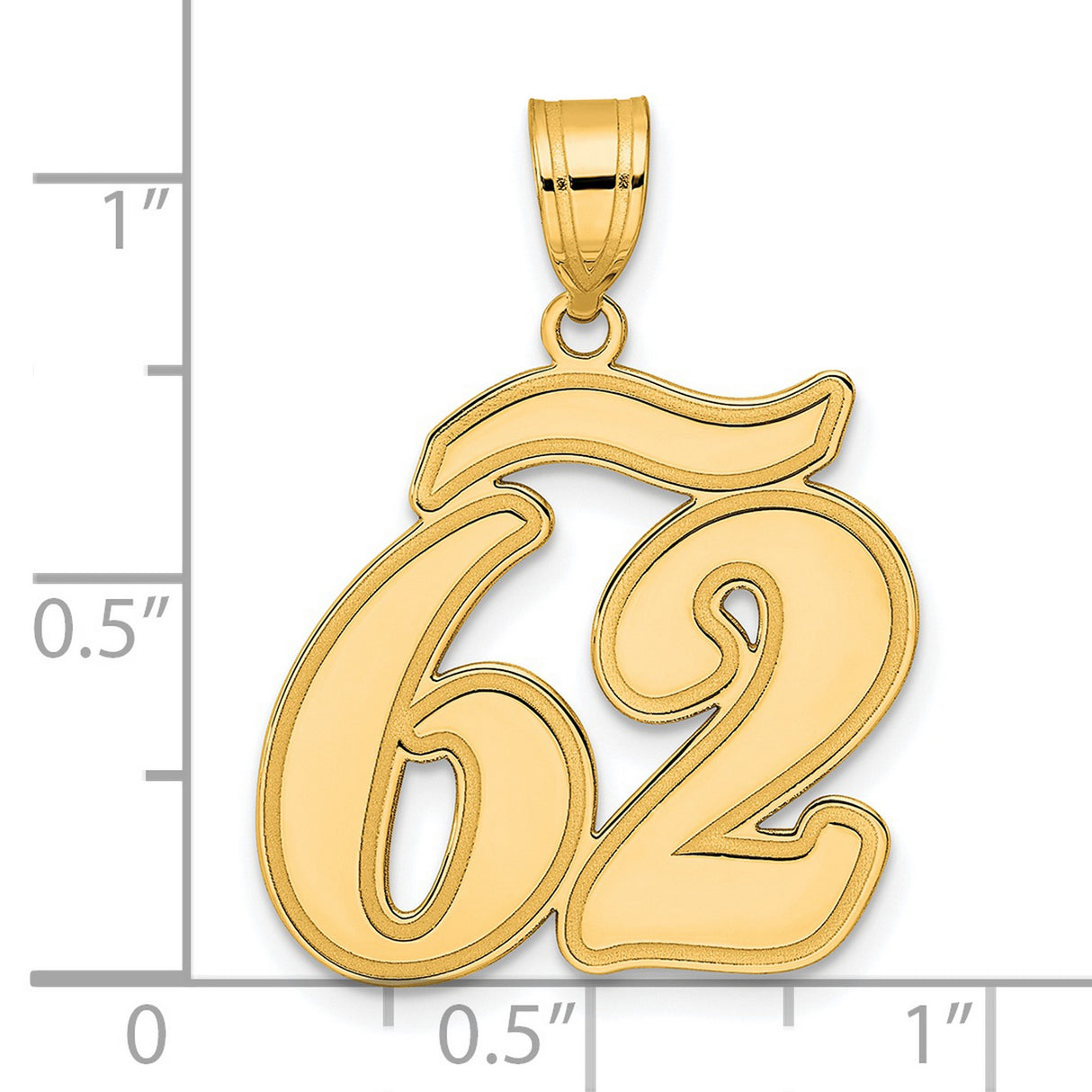 Brushed Border Script Number 62 Charm Pendant in Real 14k Yellow Gold