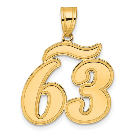 Brushed Border Script Number 63 Charm Pendant in Real 14k Yellow Gold