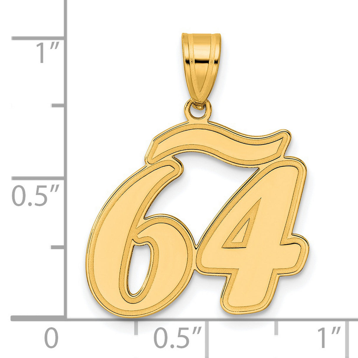 Brushed Border Script Number 64 Charm Pendant in Real 14k Yellow Gold