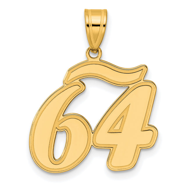 Brushed Border Script Number 64 Charm Pendant in Real 14k Yellow Gold
