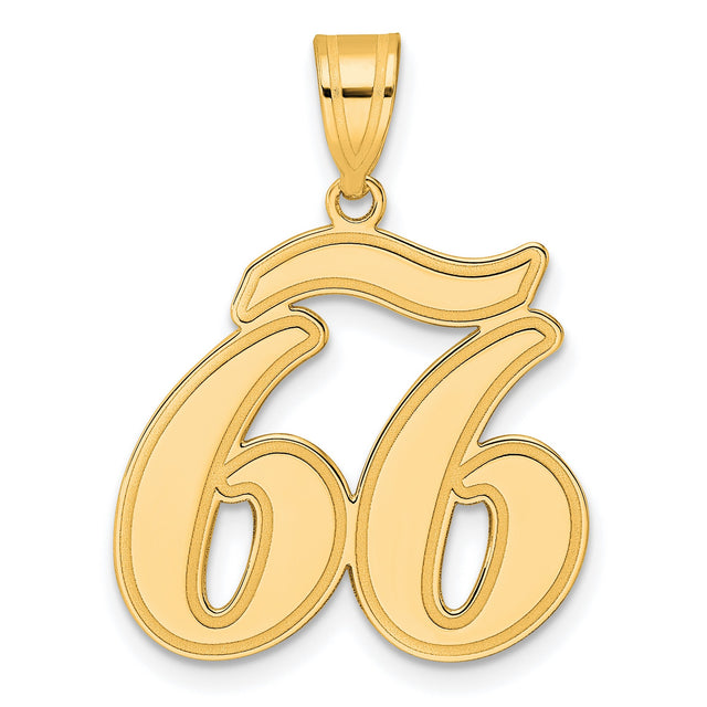 Brushed Border Script Number 66 Charm Pendant in Real 14k Yellow Gold