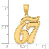 Brushed Border Script Number 67 Charm Pendant in Real 14k Yellow Gold