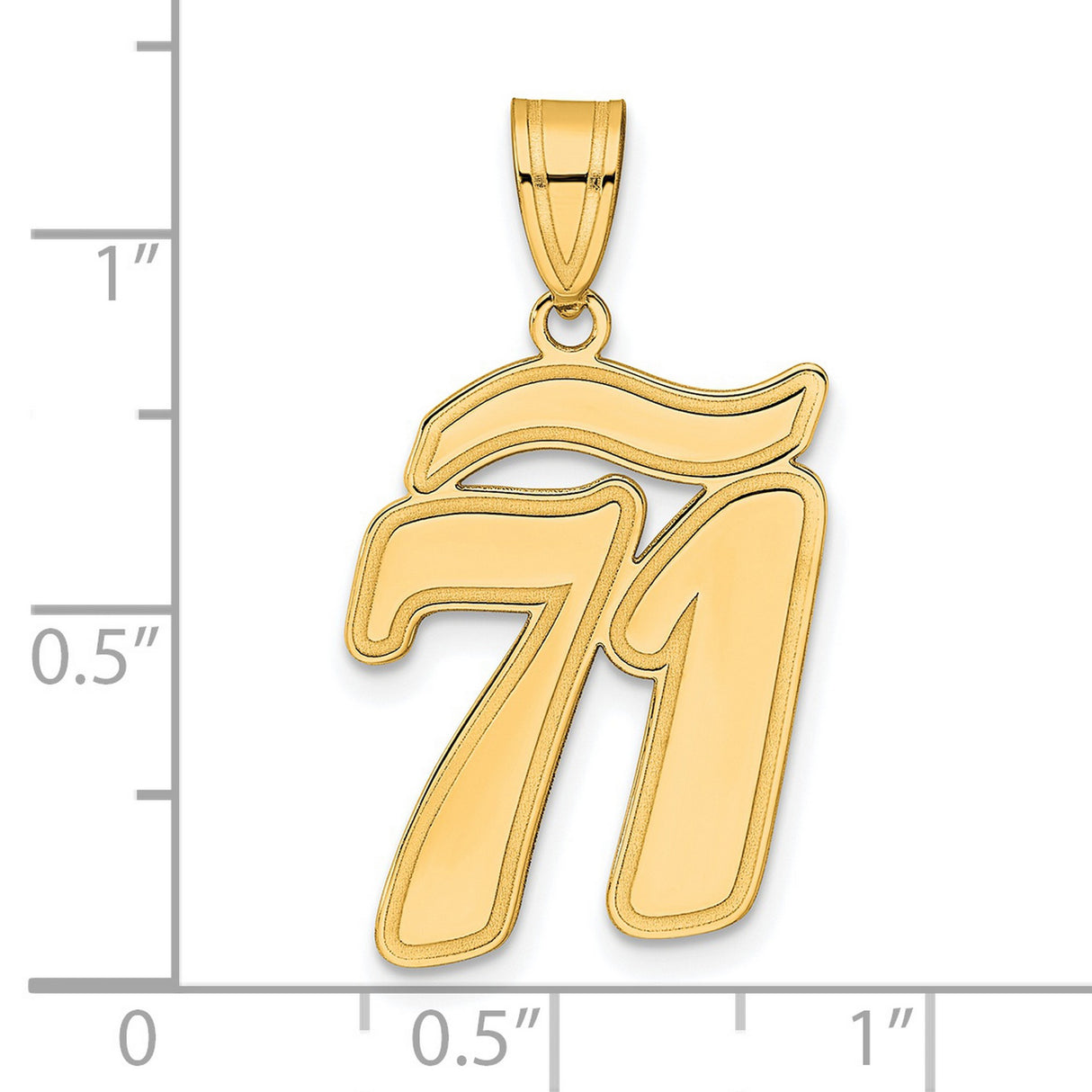 Brushed Border Script Number 71 Charm Pendant in Real 14k Yellow Gold