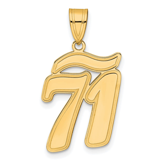 Brushed Border Script Number 71 Charm Pendant in Real 14k Yellow Gold