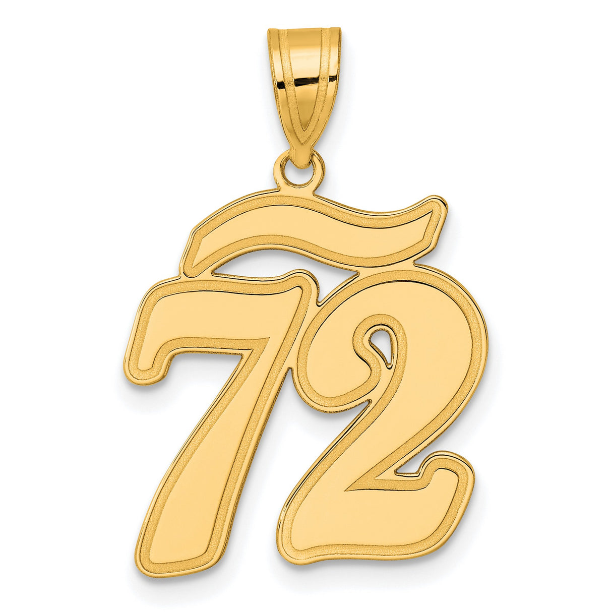 Brushed Border Script Number 72 Charm Pendant in Real 14k Yellow Gold