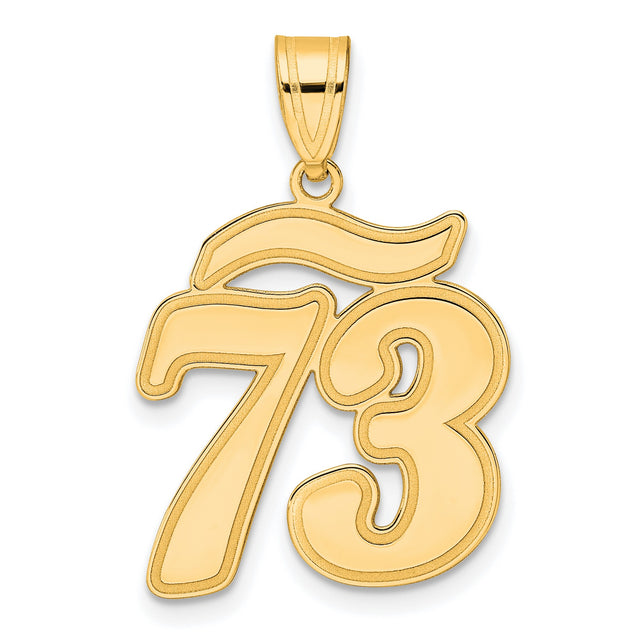 Brushed Border Script Number 73 Charm Pendant in Real 14k Yellow Gold
