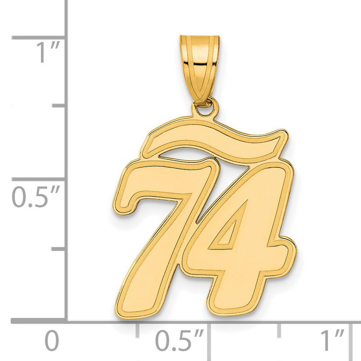 Brushed Border Script Number 74 Charm Pendant in Real 14k Yellow Gold