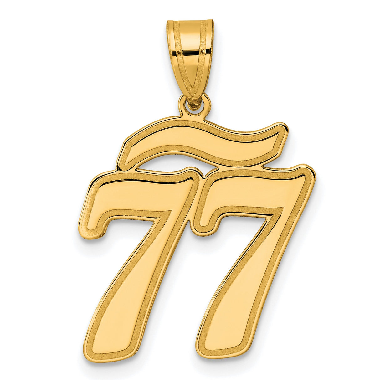 Brushed Border Script Number 77 Charm Pendant in Real 14k Yellow Gold