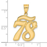 Brushed Border Script Number 78 Charm Pendant in Real 14k Yellow Gold