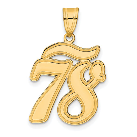 Brushed Border Script Number 78 Charm Pendant in Real 14k Yellow Gold