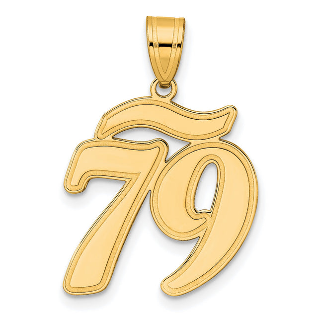 Brushed Border Script Number 79 Charm Pendant in Real 14k Yellow Gold