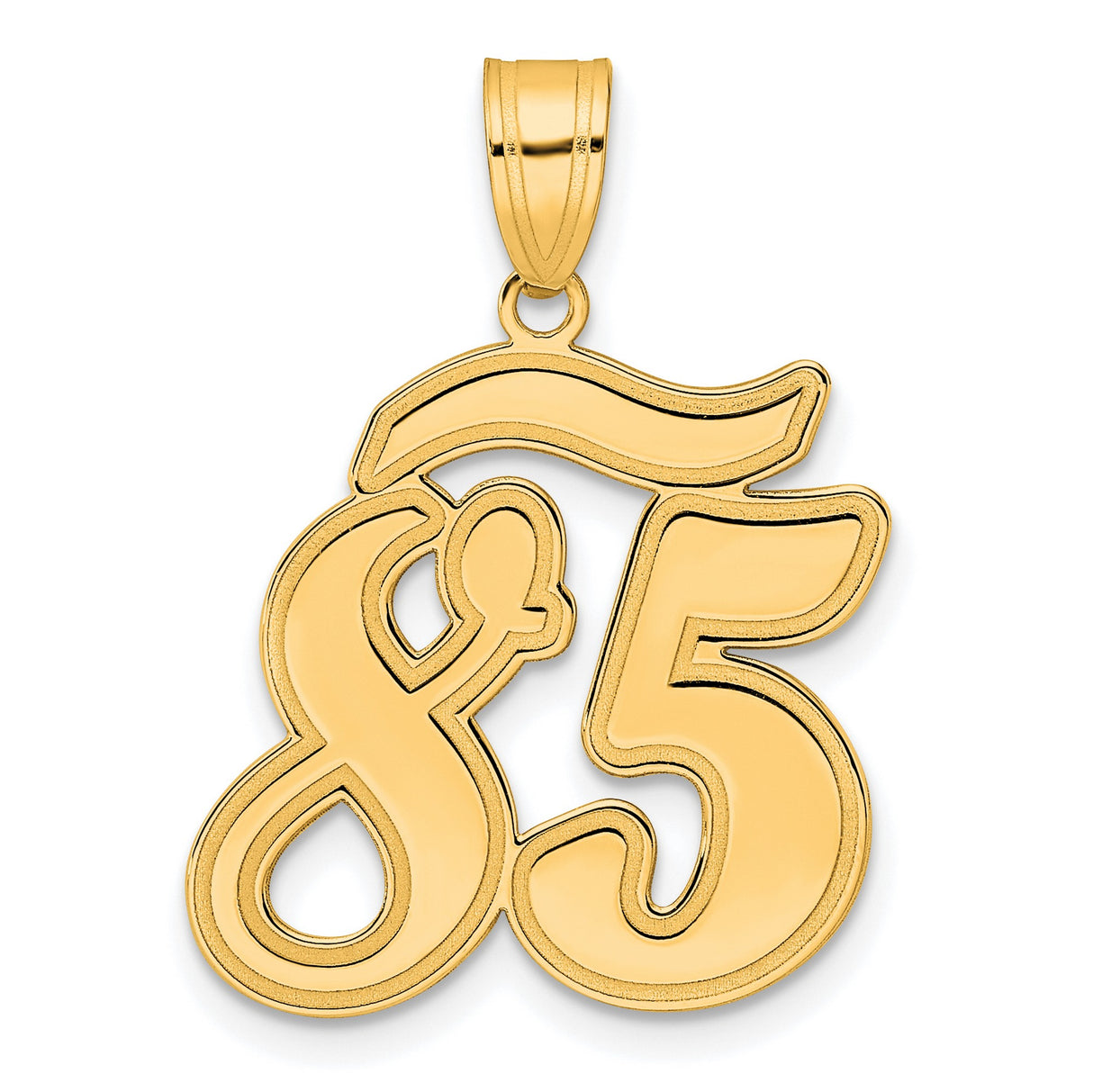 Brushed Border Script Number 85 Charm Pendant in Real 14k Yellow Gold