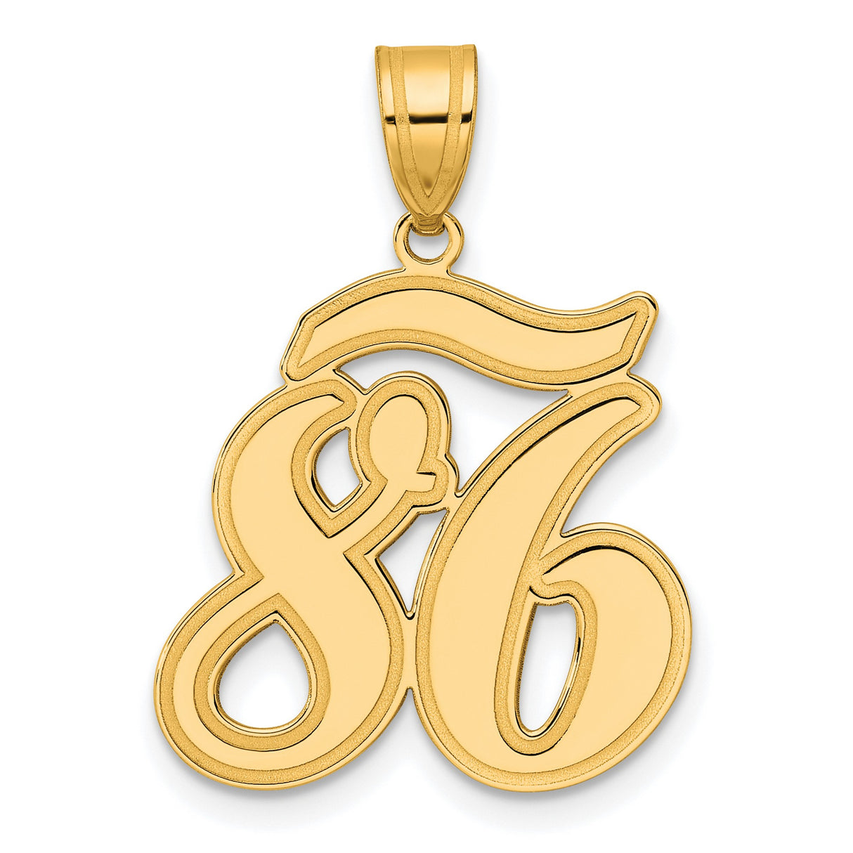 Brushed Border Script Number 86 Charm Pendant in Real 14k Yellow Gold