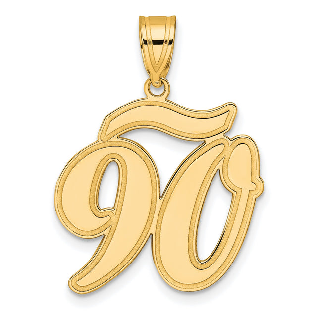 Brushed Border Script Number 90 Charm Pendant in Real 14k Yellow Gold