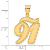 Brushed Border Script Number 91 Charm Pendant in Real 14k Yellow Gold