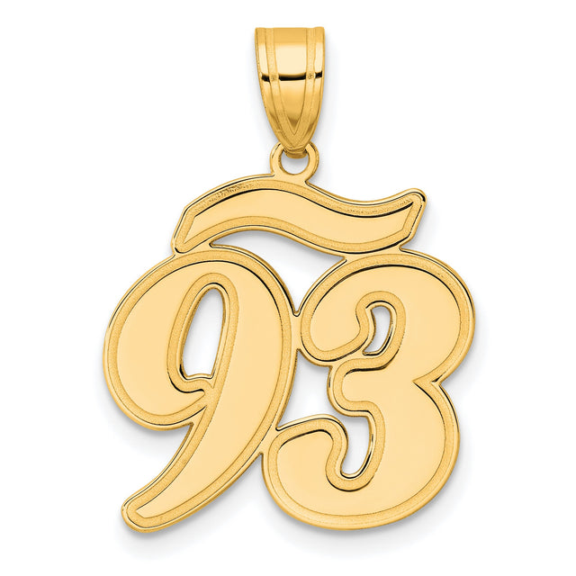 Brushed Border Script Number 93 Charm Pendant in Real 14k Yellow Gold