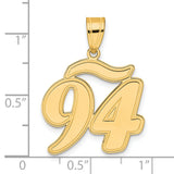 Brushed Border Script Number 94 Charm Pendant in Real 14k Yellow Gold