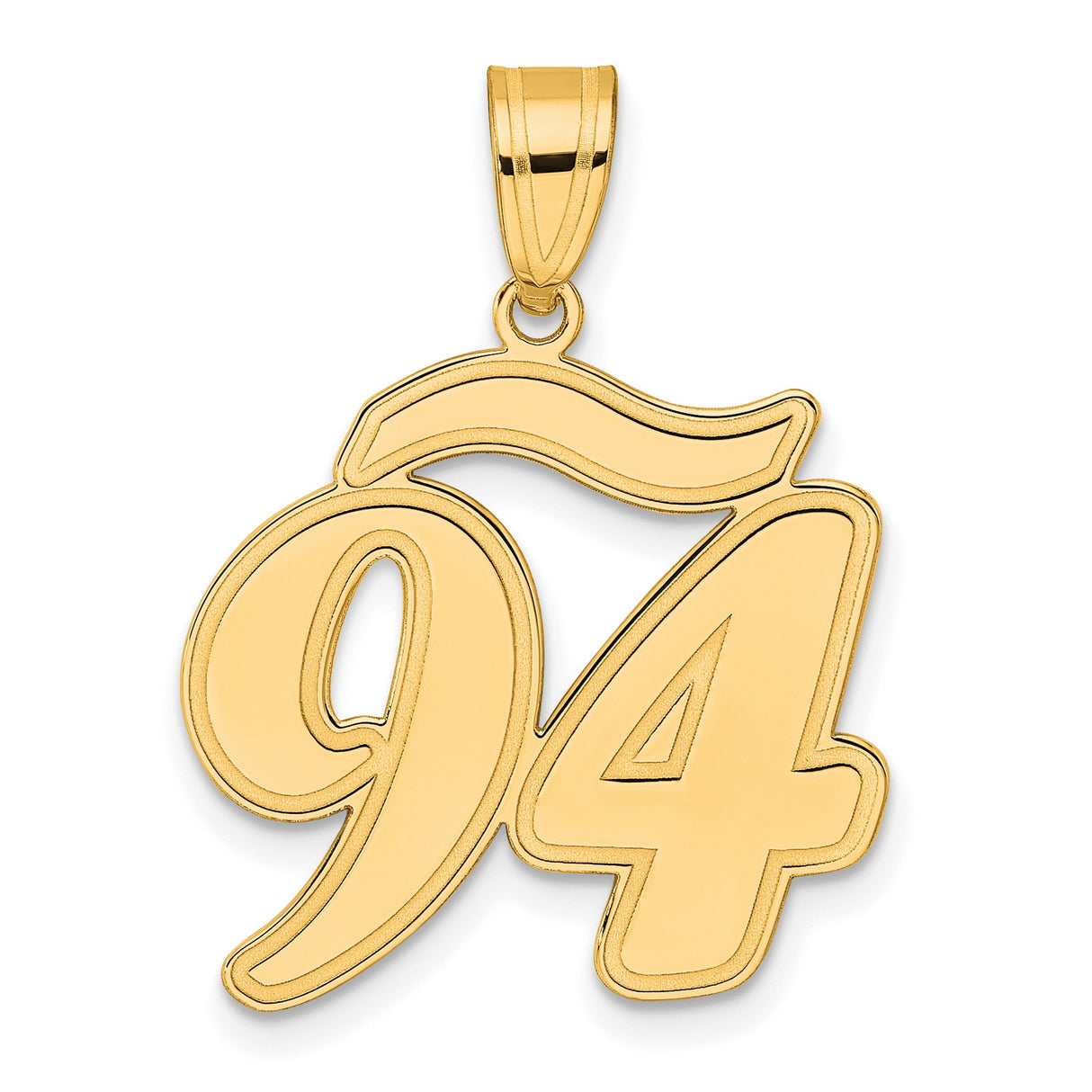 Brushed Border Script Number 94 Charm Pendant in Real 14k Yellow Gold