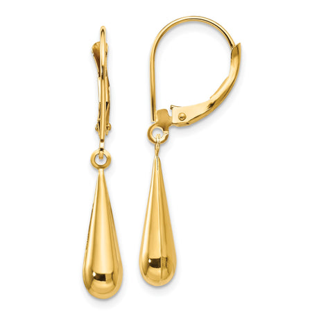 14k Yellow Gold Drop Earrings with Leverback Closures, Sleek Teardrop Dangle Design for Women