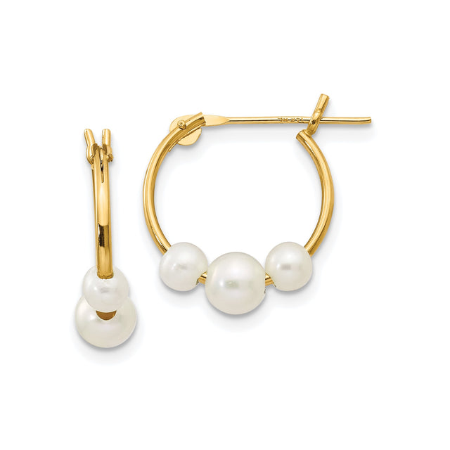 14k Yellow Gold Hoop Earrings with Three White Freshwater Cultured Pearls