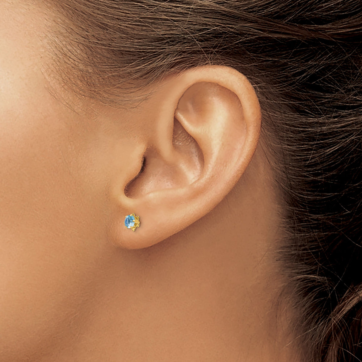 14k Yellow Gold Stud Earrings with Light Blue Cubic Zirconia in Floral Setting