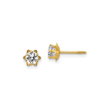 14k Yellow Gold Stud Earrings with Cubic Zirconia in Six-Prong Floral Setting