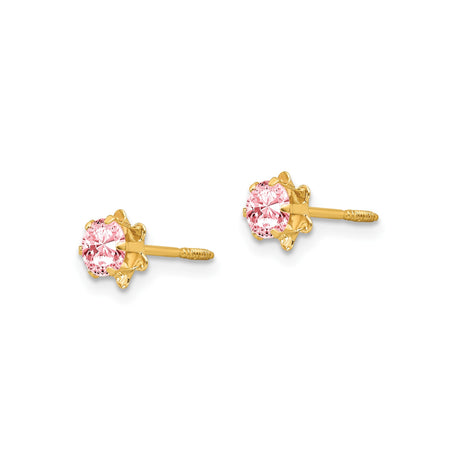 14k Yellow Gold Stud Earrings with Pink Cubic Zirconia in Floral Design for Women