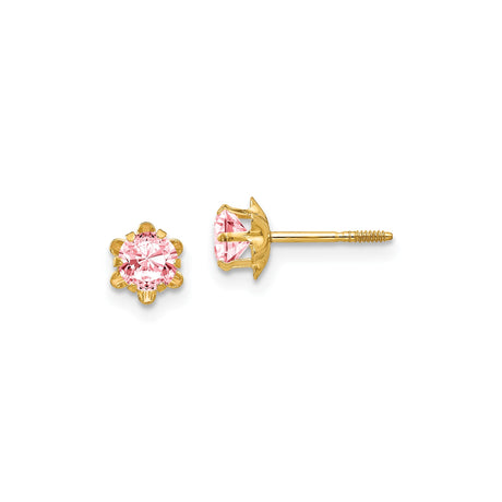 14k Yellow Gold Stud Earrings with Pink Cubic Zirconia in Floral Design for Women