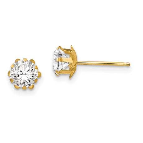 14k Yellow Gold Stud Earrings with Round Cut Cubic Zirconia in 6 Prong Solitaire Setting
