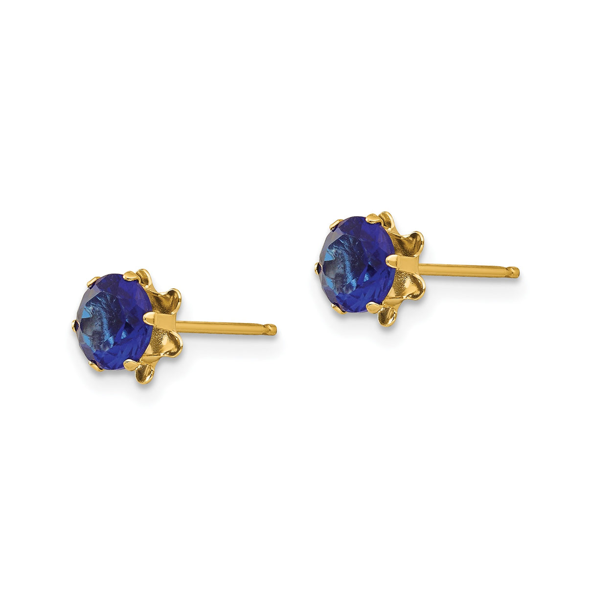 14k Yellow Gold Stud Earrings with Cubic Zirconia, Deep Blue Round Cut, Scalloped Prong Setting