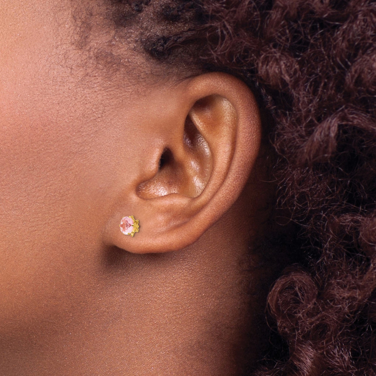 14k Yellow Gold Stud Earrings with Round Pink Cubic Zirconia in Floral Prong Setting