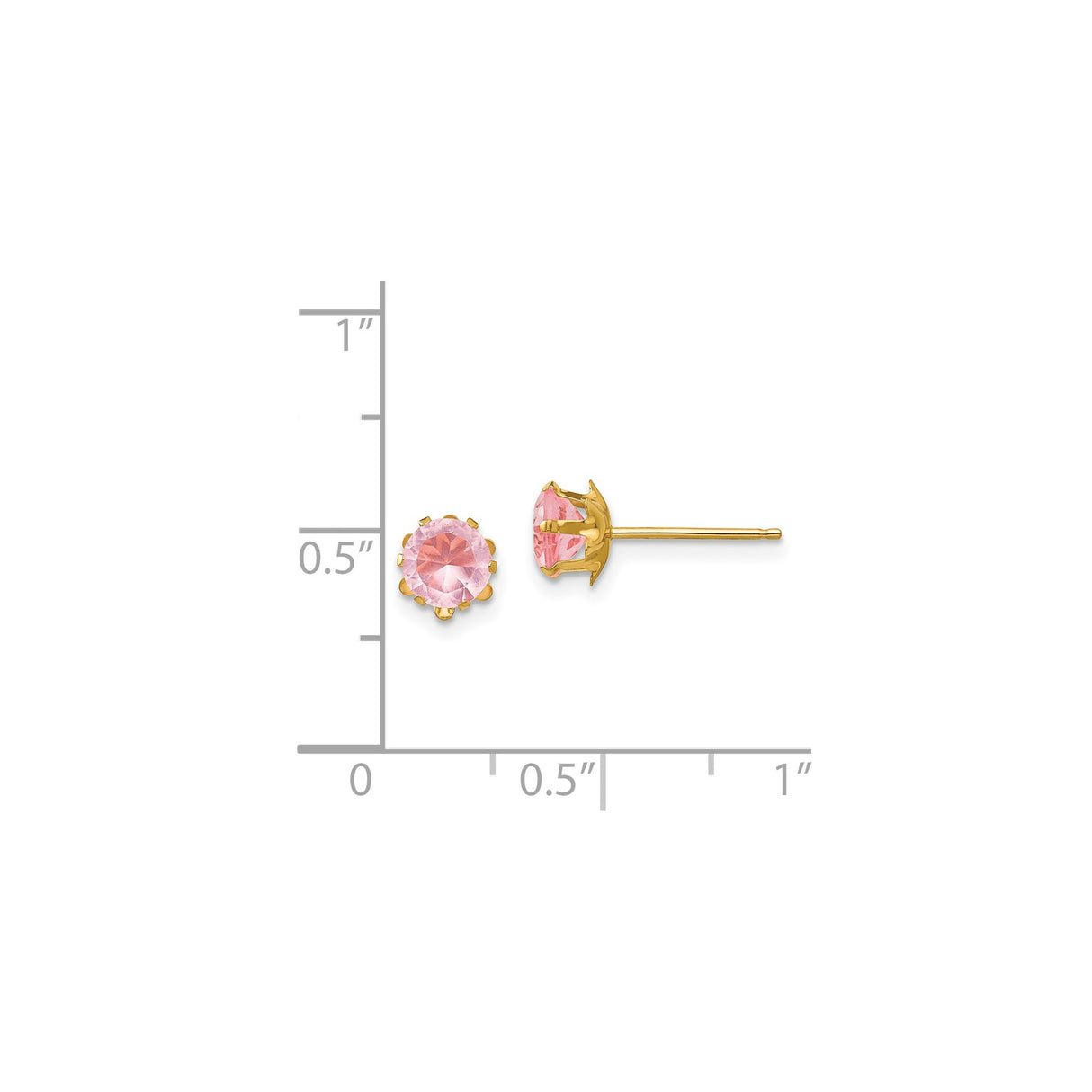 14k Yellow Gold Stud Earrings with Round Pink Cubic Zirconia in Floral Prong Setting