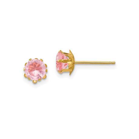14k Yellow Gold Stud Earrings with Round Pink Cubic Zirconia in Floral Prong Setting