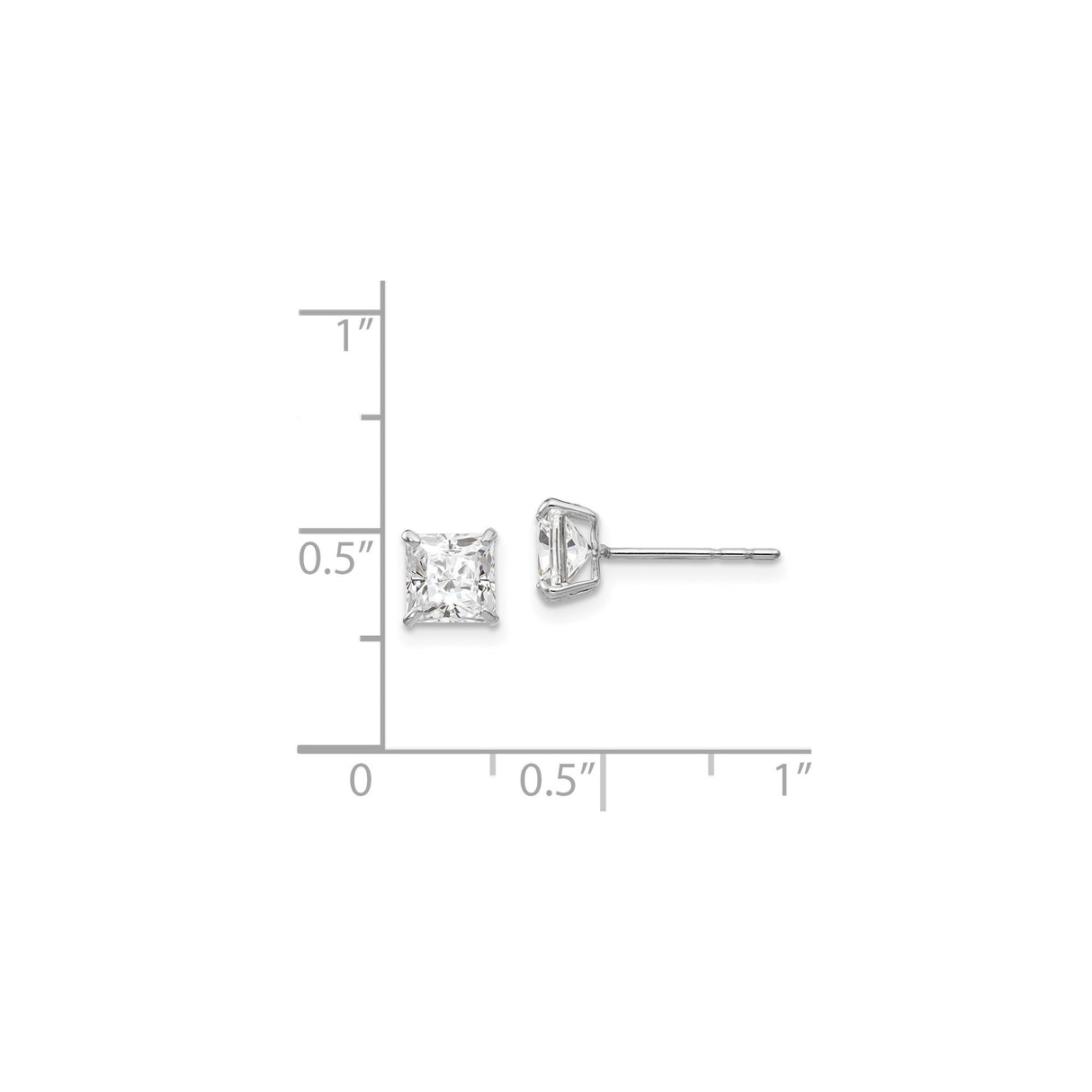 14k White Gold Stud Earrings with Princess Cut Cubic Zirconia in Solitaire Setting