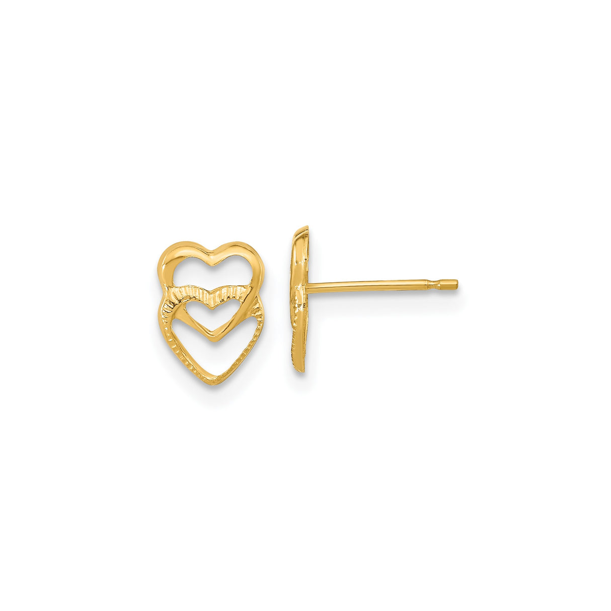 14k Yellow Gold Heart Stud Earrings with Double Open Heart and Textured Inner Design