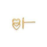 14k Yellow Gold Heart Stud Earrings with Double Open Heart and Textured Inner Design