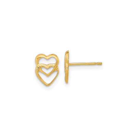 14k Yellow Gold Heart Stud Earrings with Double Open Heart and Textured Inner Design
