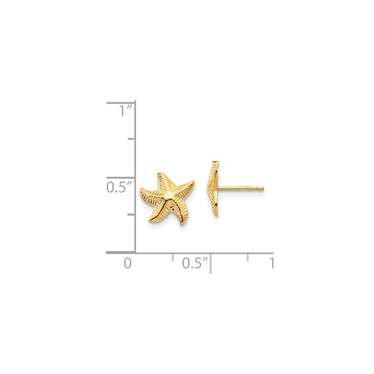 14k Yellow Gold Starfish Stud Earrings, Textured Nautical Ocean Design for Women