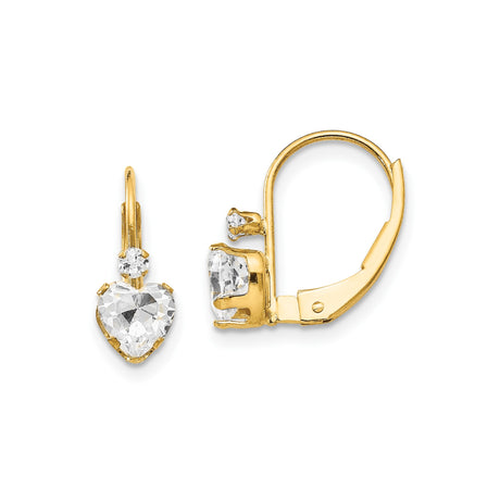 14k Yellow Gold Leverback Earrings with Heart Shaped Cubic Zirconia, Romantic Jewelry for Women