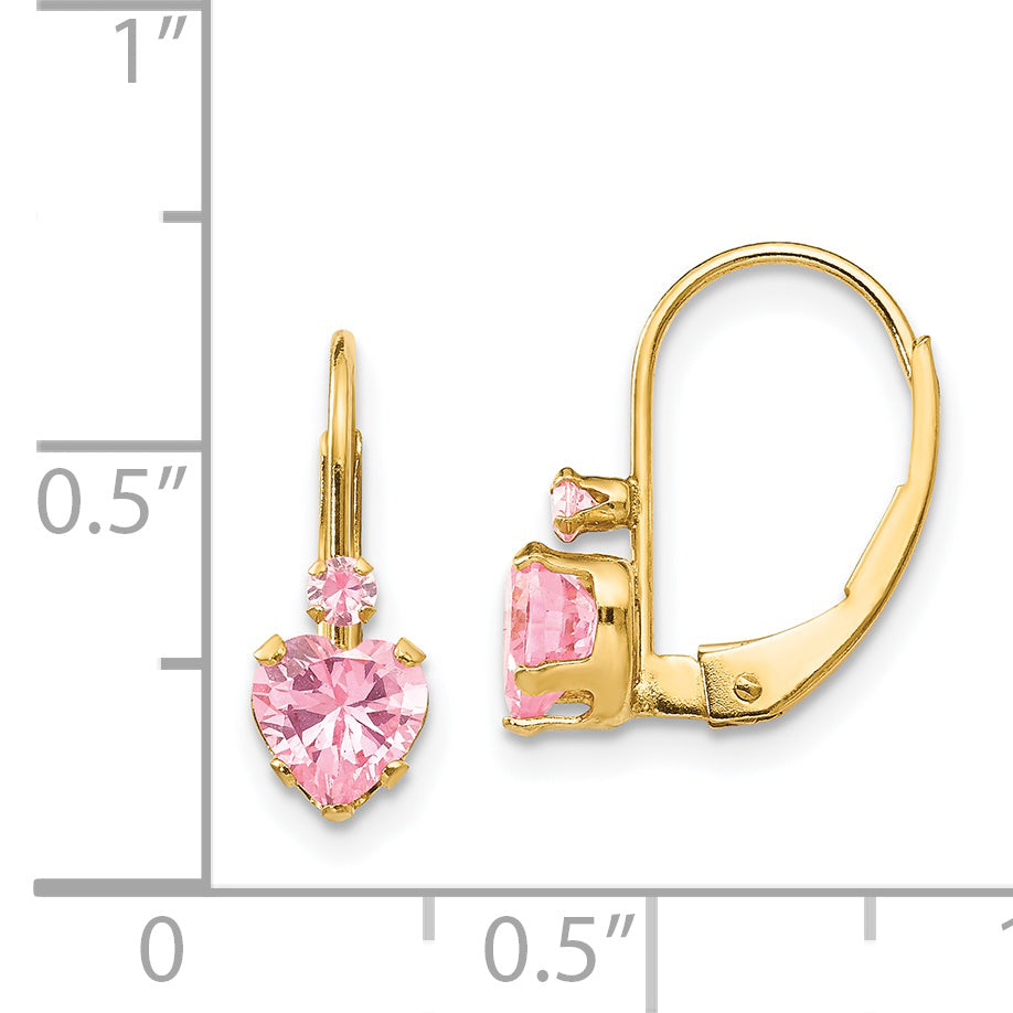14k Yellow Gold Leverback Earrings with Heart-Shaped Pink Cubic Zirconia and Round Accents