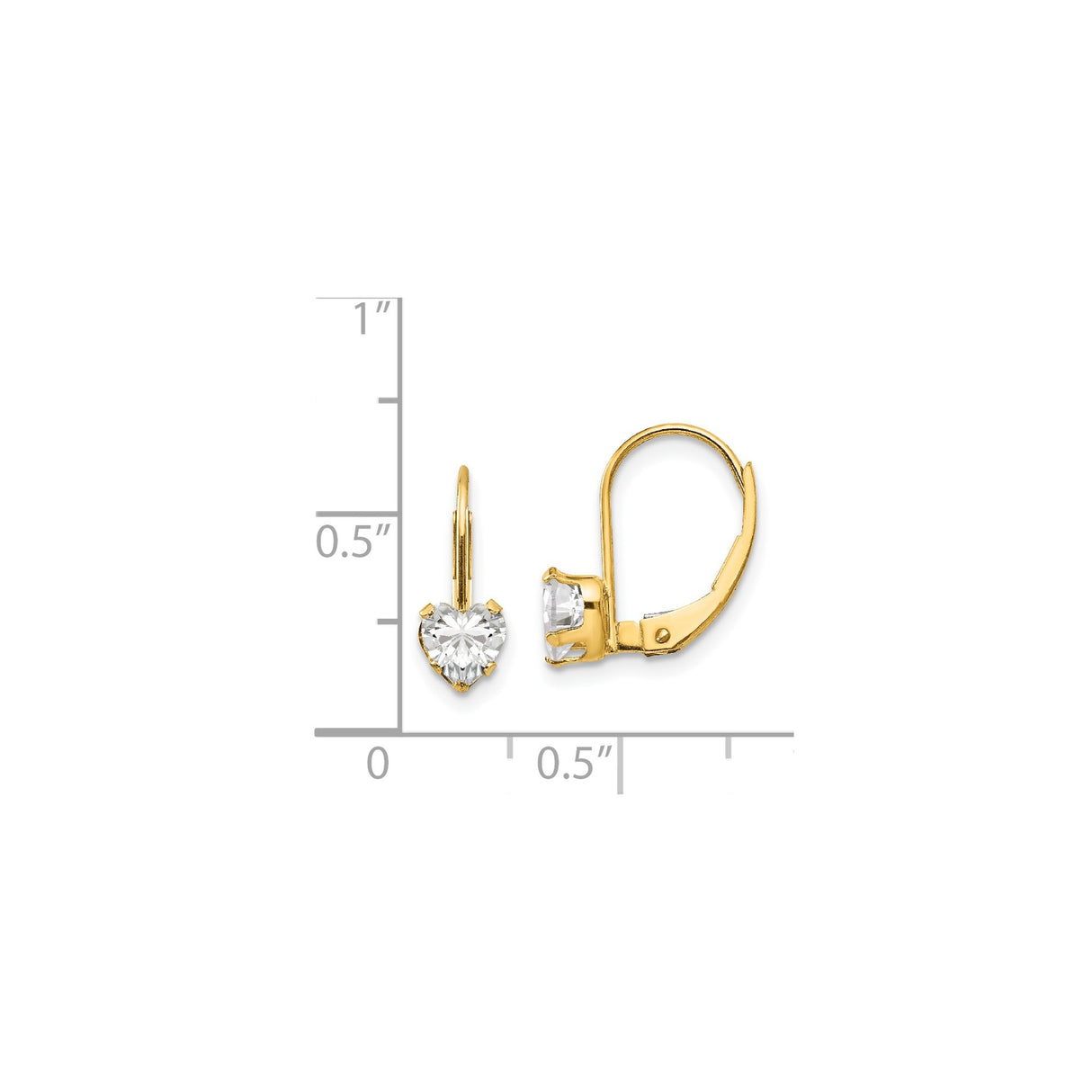 14k Yellow Gold Leverback Earrings with Heart Shaped Cubic Zirconia, Romantic Jewelry for Women