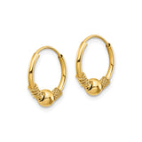 14k Yellow Gold Hoop Earrings with Polished Bead and Coiled Wire, Bali Boho Style