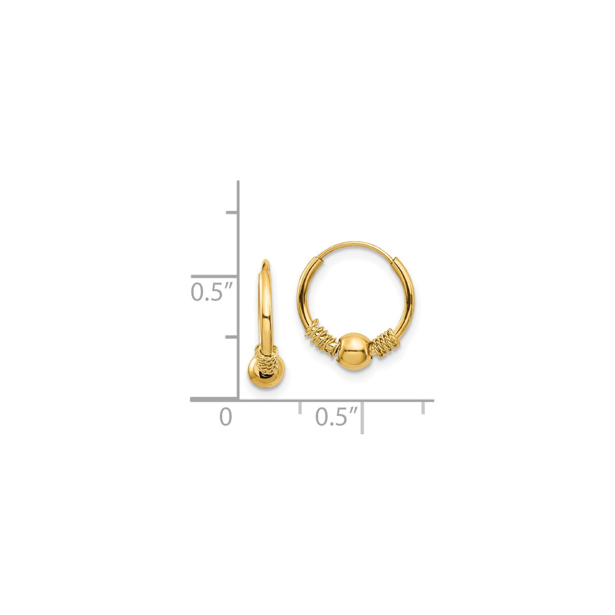 14k Yellow Gold Hoop Earrings with Polished Bead and Coiled Wire, Bali Boho Style