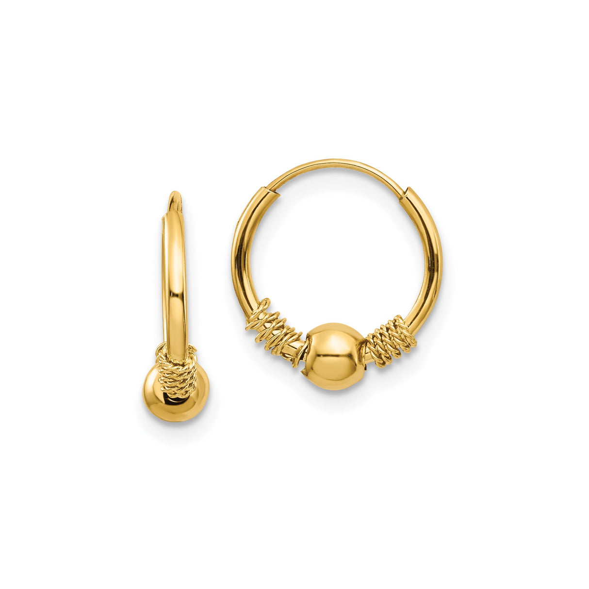 14k Yellow Gold Hoop Earrings with Polished Bead and Coiled Wire, Bali Boho Style